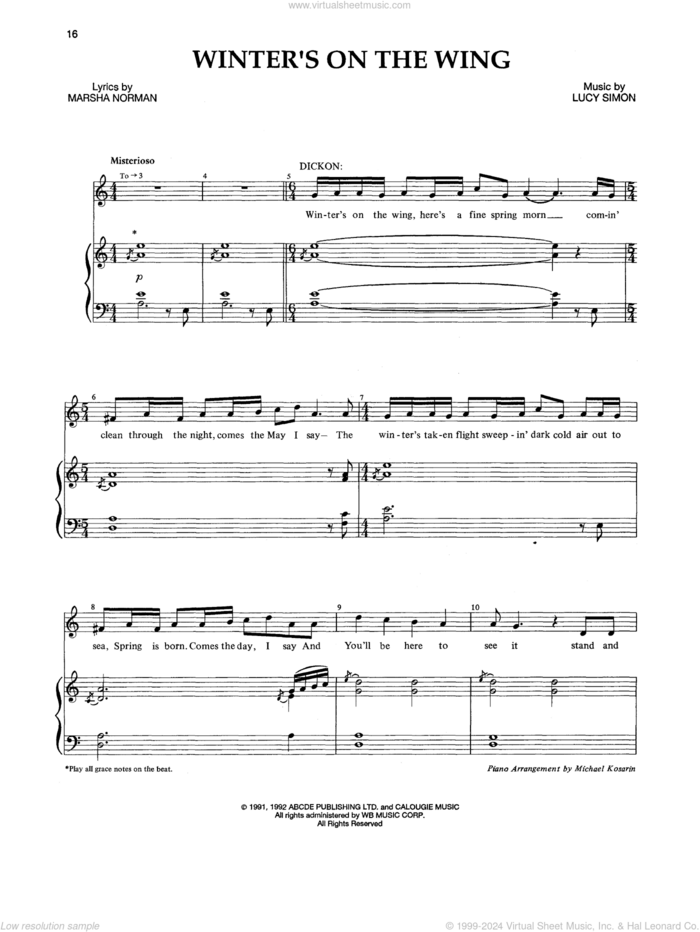 Winter's On The Wing sheet music for voice and piano by Lucy Simon, Marsha Norman and Marsha Norman & Lucy Simon, intermediate skill level