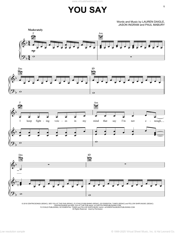 You Say sheet music for voice, piano or guitar by Lauren Daigle, Jason Ingram and Paul Mabury, intermediate skill level