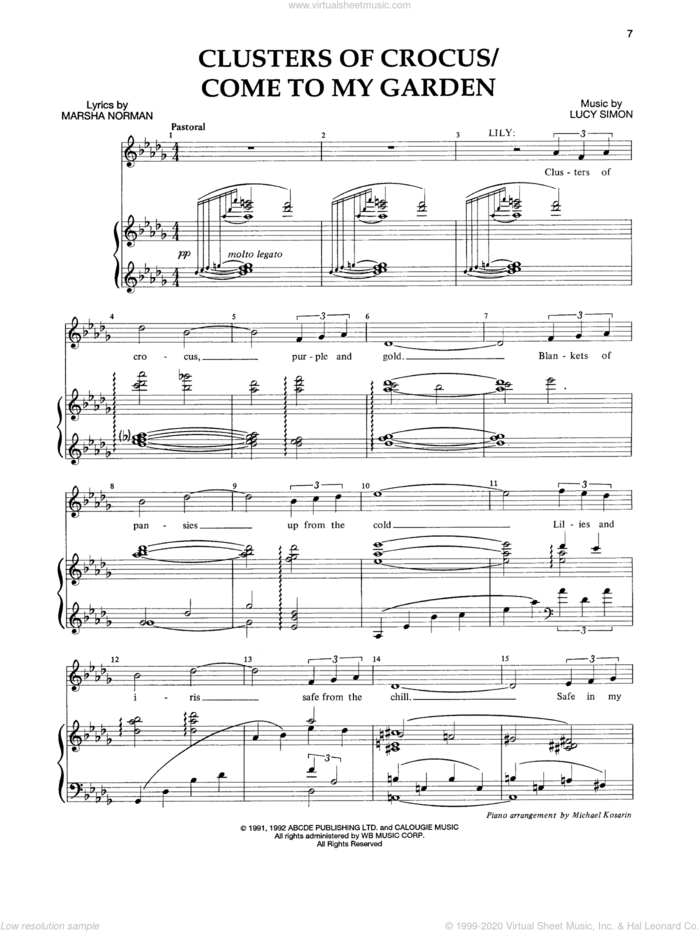 Clusters Of Crocus (Opening Dream) sheet music for voice and piano by Lucy Simon, Marsha Norman and Marsha Norman & Lucy Simon, intermediate skill level