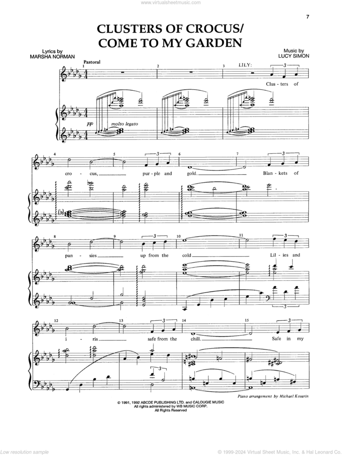 Clusters Of Crocus (Opening Dream) sheet music for voice and piano by Lucy Simon, Marsha Norman and Marsha Norman & Lucy Simon, intermediate skill level