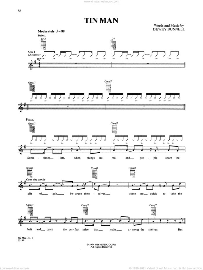 Tin Man sheet music for guitar (tablature) by America and Lee Campbell-Towell, intermediate skill level