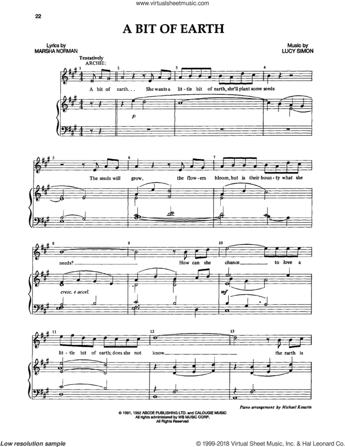 A Bit Of Earth sheet music for voice and piano by Lucy Simon, Marsha Norman and Marsha Norman & Lucy Simon, intermediate skill level