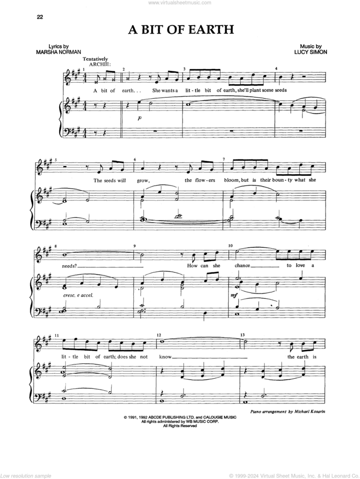 A Bit Of Earth sheet music for voice and piano by Lucy Simon, Marsha Norman and Marsha Norman & Lucy Simon, intermediate skill level