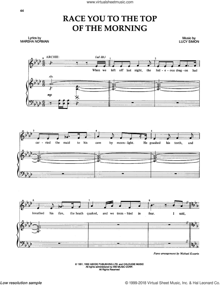Race You To The Top Of The Morning sheet music for voice and piano by Lucy Simon, Marsha Norman and Marsha Norman & Lucy Simon, intermediate skill level
