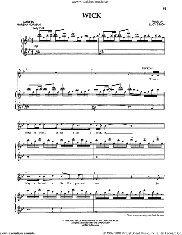Wick sheet music for voice and piano by Lucy Simon, Marsha Norman and Marsha Norman & Lucy Simon, intermediate skill level