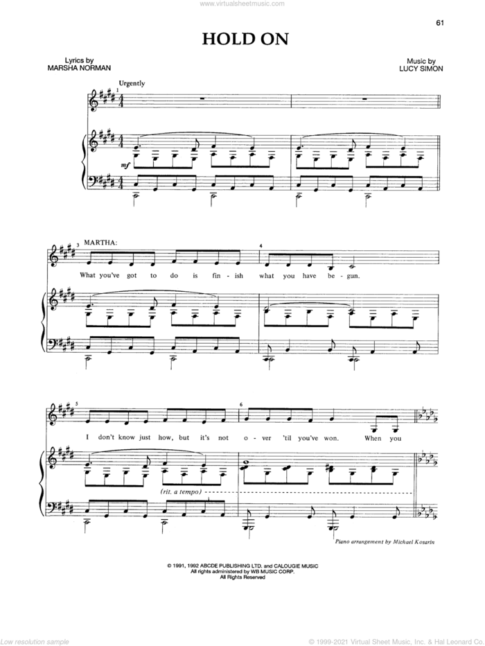 Hold On sheet music for voice and piano by Lucy Simon, Marsha Norman and Marsha Norman & Lucy Simon, intermediate skill level