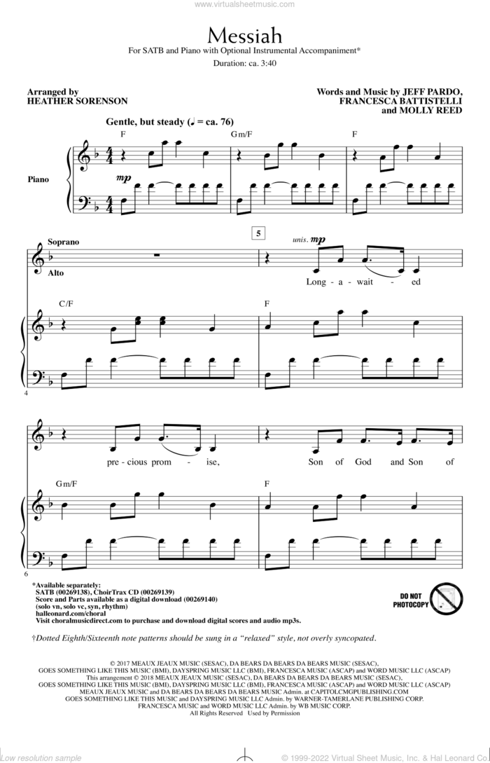 Messiah sheet music for choir (SATB: soprano, alto, tenor, bass) by Francesca Battistelli, Heather Sorenson, Jeff Pardo and Molly Reed, intermediate skill level