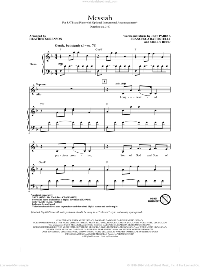 Messiah sheet music for choir (SATB: soprano, alto, tenor, bass) by Francesca Battistelli, Heather Sorenson, Jeff Pardo and Molly Reed, intermediate skill level