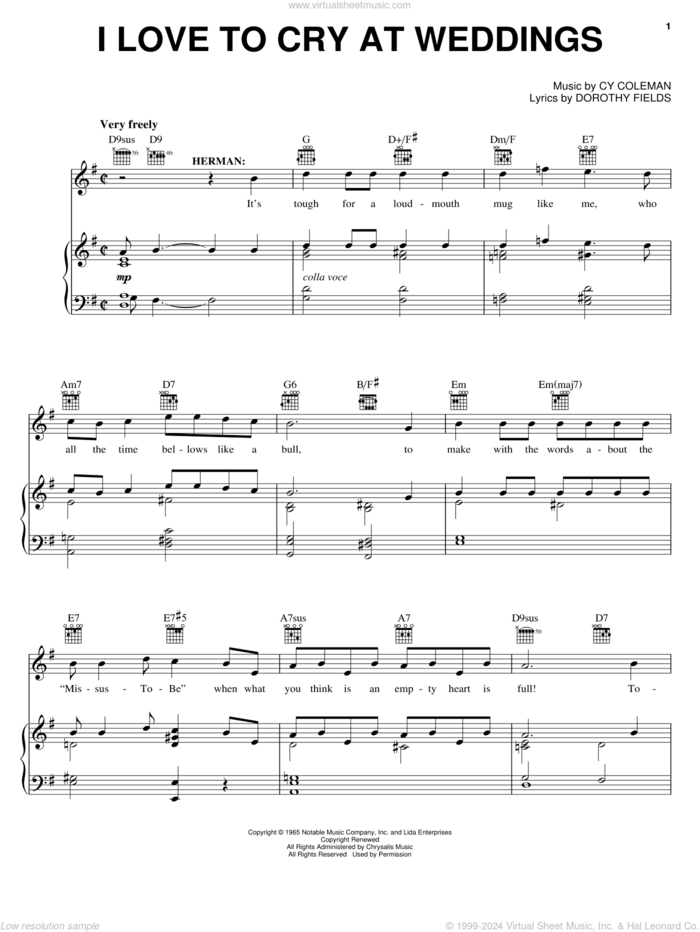 I Love To Cry At Weddings sheet music for voice, piano or guitar by Cy Coleman, Sweet Charity (Musical) and Dorothy Fields, intermediate skill level