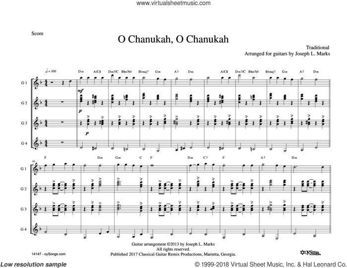 O Chanukah for Guitar Quartet (arr. Joe Marks) sheet music for guitar ensemble by Joe Marks and Miscellaneous, intermediate skill level