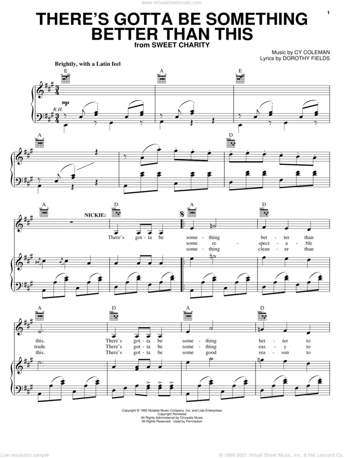 There's Gotta Be Something Better Than This sheet music for voice, piano or guitar by Cy Coleman, Sweet Charity (Musical) and Dorothy Fields, intermediate skill level