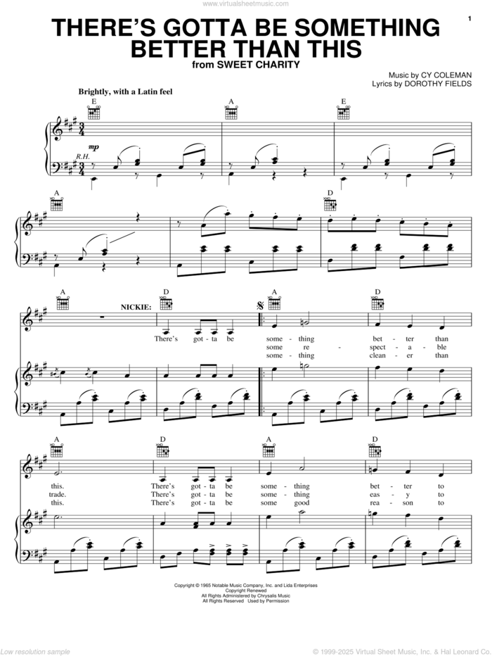 There's Gotta Be Something Better Than This sheet music for voice, piano or guitar by Cy Coleman, Sweet Charity (Musical) and Dorothy Fields, intermediate skill level