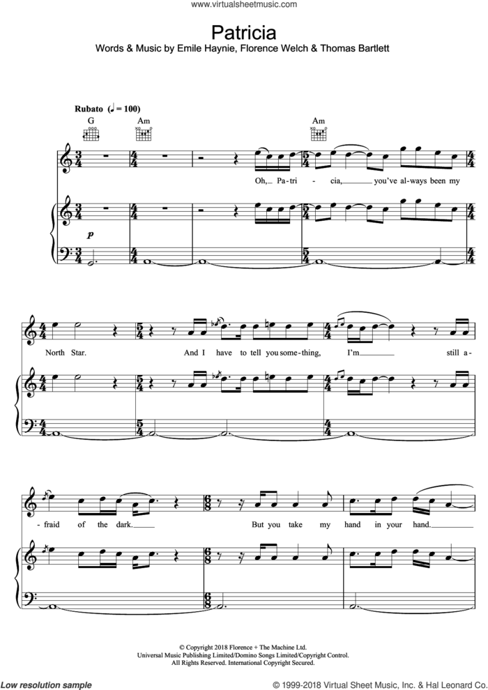 Patricia sheet music for voice, piano or guitar by Florence And The Machine, Emile Haynie, Florence Welch and Thomas Bartlett, intermediate skill level
