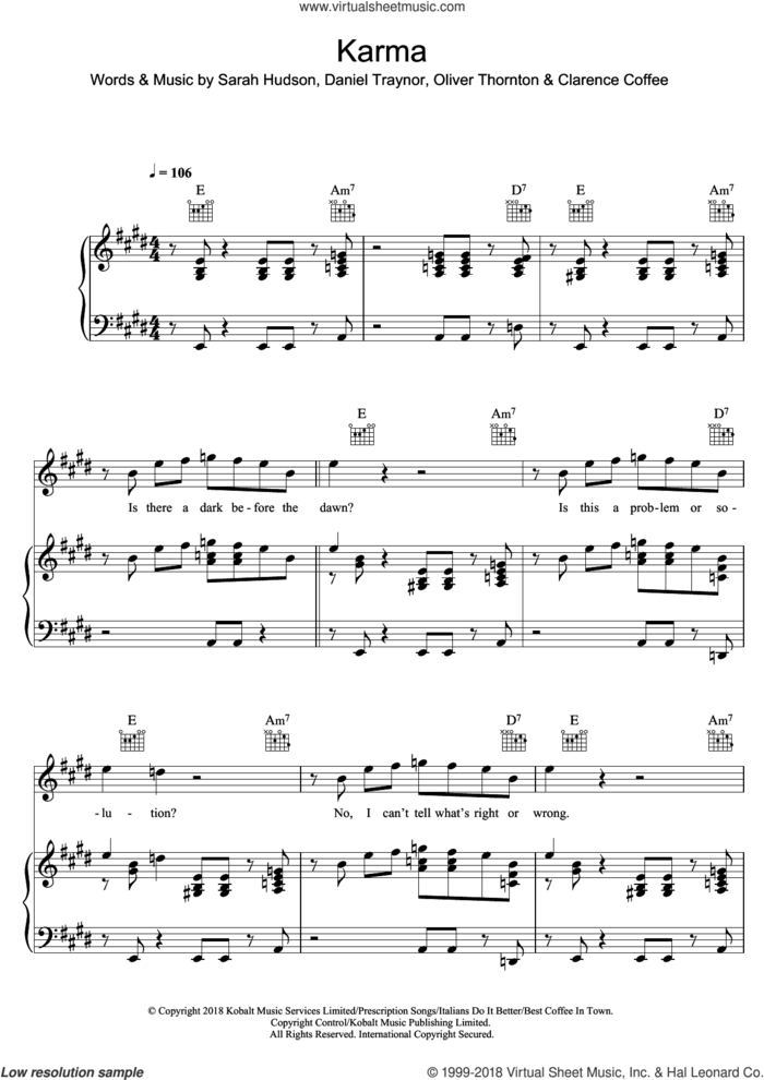 Karma sheet music for voice, piano or guitar by Years & Years, Clarence Coffee, Daniel Traynor, Oliver Thornton and Sarah Hudson, intermediate skill level