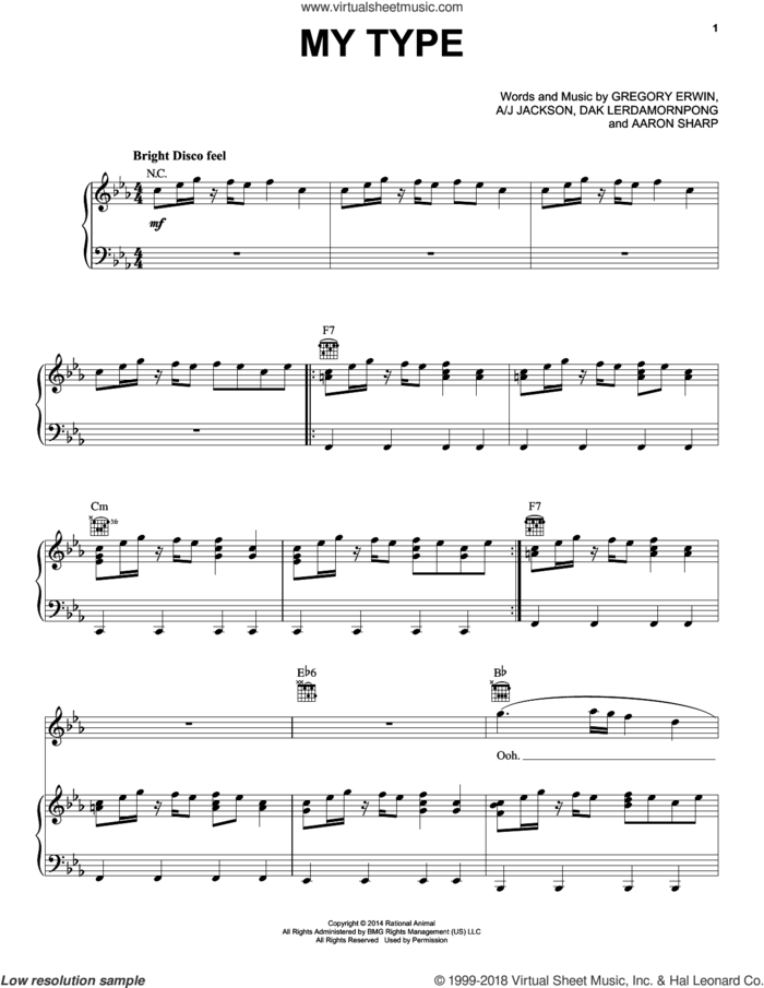 My Type sheet music for voice, piano or guitar by Saint Motel, A/J Jackson, Aaron Sharp, Dak Lerdamornpong and Gregory Erwin, intermediate skill level