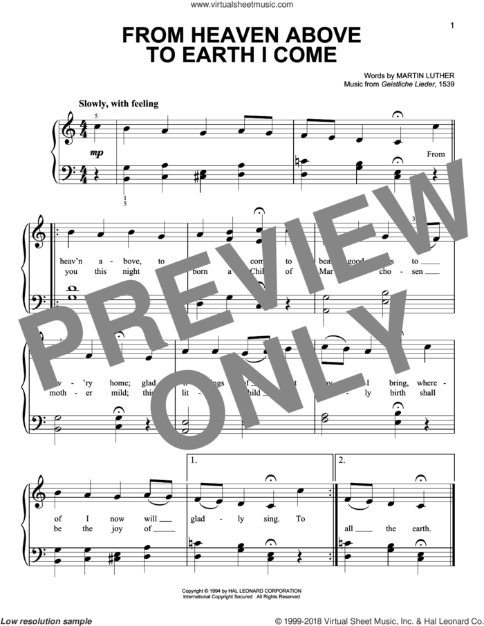 From Heaven Above To Earth I Come sheet music for piano solo by Martin Luther and Geistliche Lieder, beginner skill level