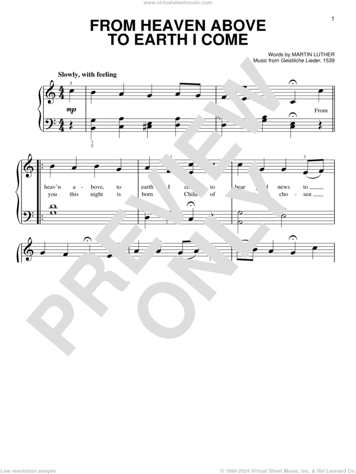 From Heaven Above To Earth I Come sheet music for piano solo by Martin Luther and Geistliche Lieder, beginner skill level