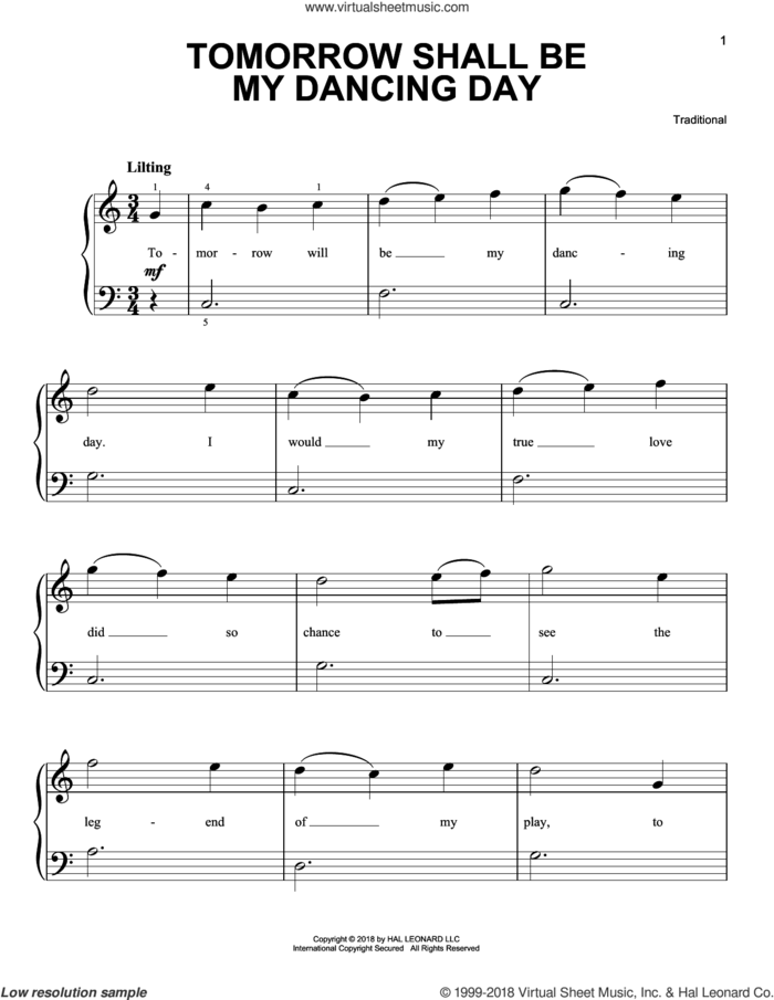 Tomorrow Shall Be My Dancing Day sheet music for piano solo, beginner skill level