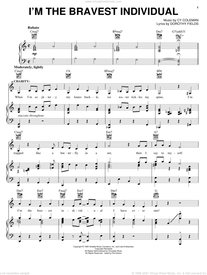 I'm The Bravest Individual sheet music for voice, piano or guitar by Cy Coleman, Sweet Charity (Musical) and Dorothy Fields, intermediate skill level