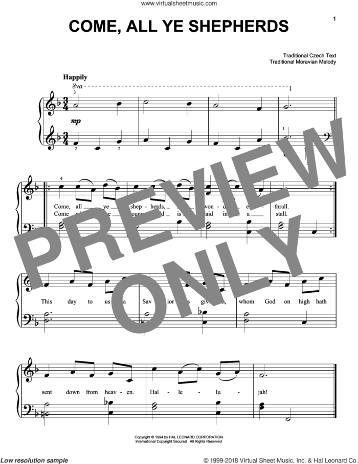 Come, All Ye Shepherds, (beginner) sheet music for piano solo, beginner skill level