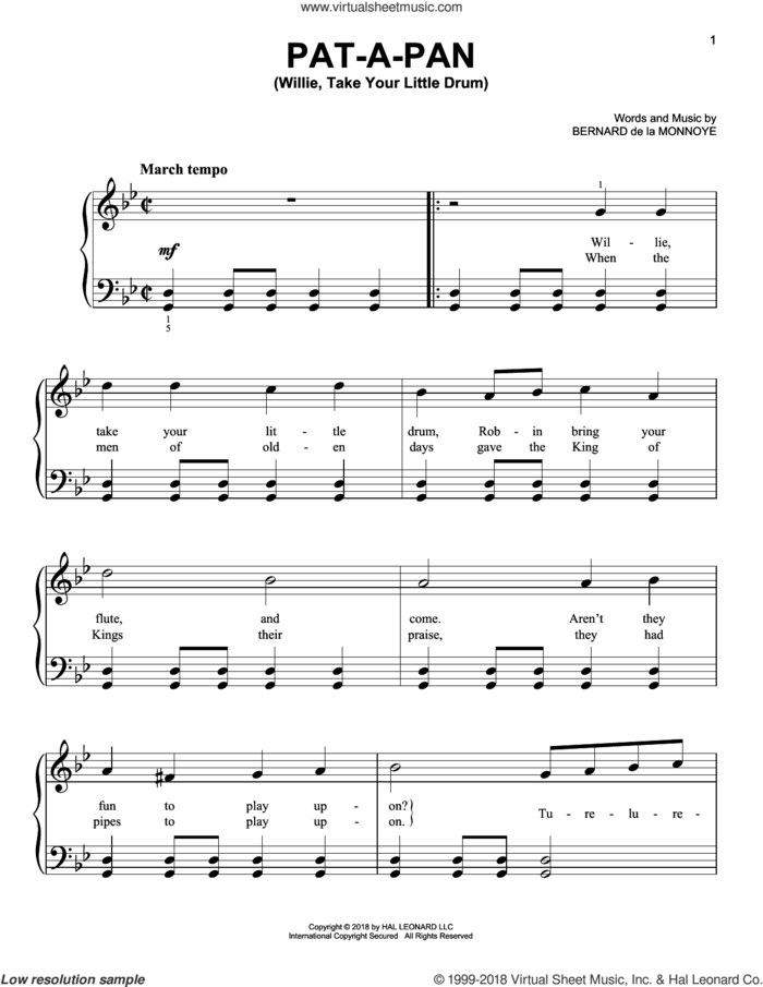 Pat-A-Pan (Willie, Take Your Little Drum) sheet music for piano solo by Bernard de la Monnoye, beginner skill level