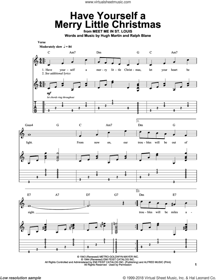 Have Yourself A Merry Little Christmas sheet music for guitar (tablature, play-along) by Hugh Martin and Ralph Blane, intermediate skill level