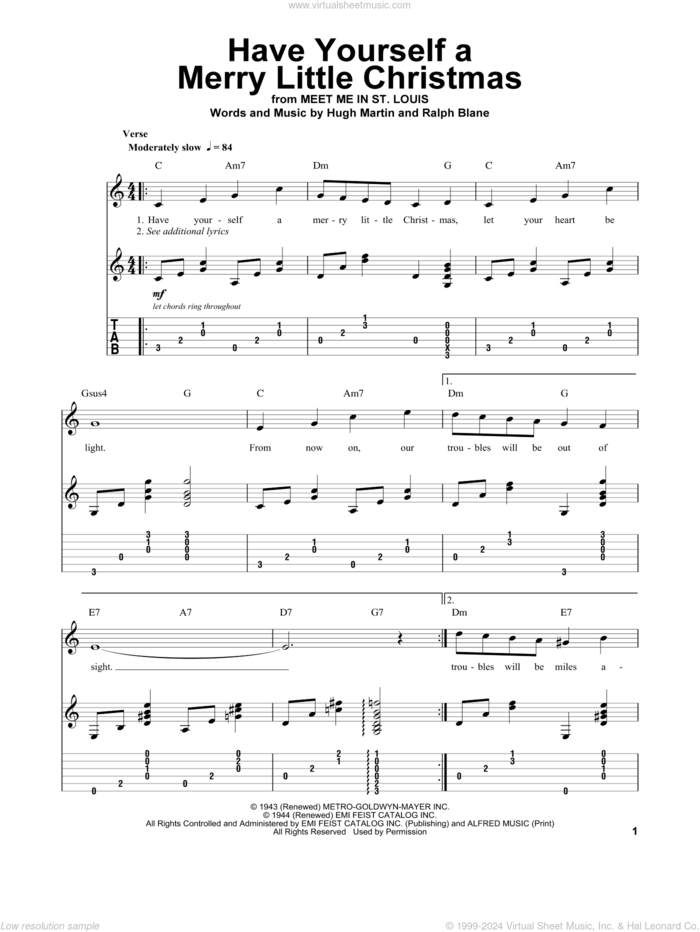 Have Yourself A Merry Little Christmas sheet music for guitar (tablature, play-along) by Hugh Martin and Ralph Blane, intermediate skill level