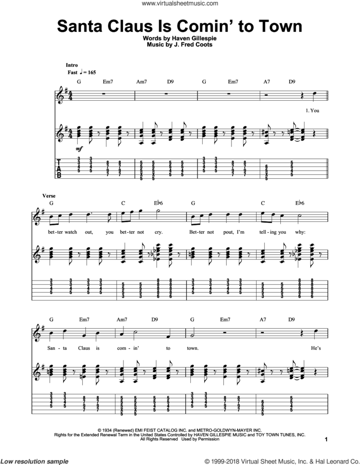 Santa Claus Is Comin' To Town sheet music for guitar (tablature, play-along) by J. Fred Coots and Haven Gillespie, intermediate skill level