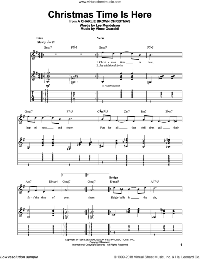 Christmas Time Is Here sheet music for guitar (tablature, play-along) by Vince Guaraldi and Lee Mendelson, intermediate skill level
