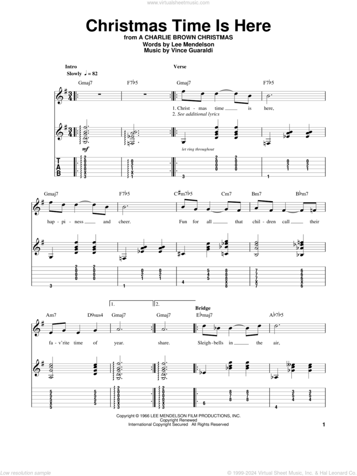 Christmas Time Is Here sheet music for guitar (tablature, play-along) by Vince Guaraldi and Lee Mendelson, intermediate skill level