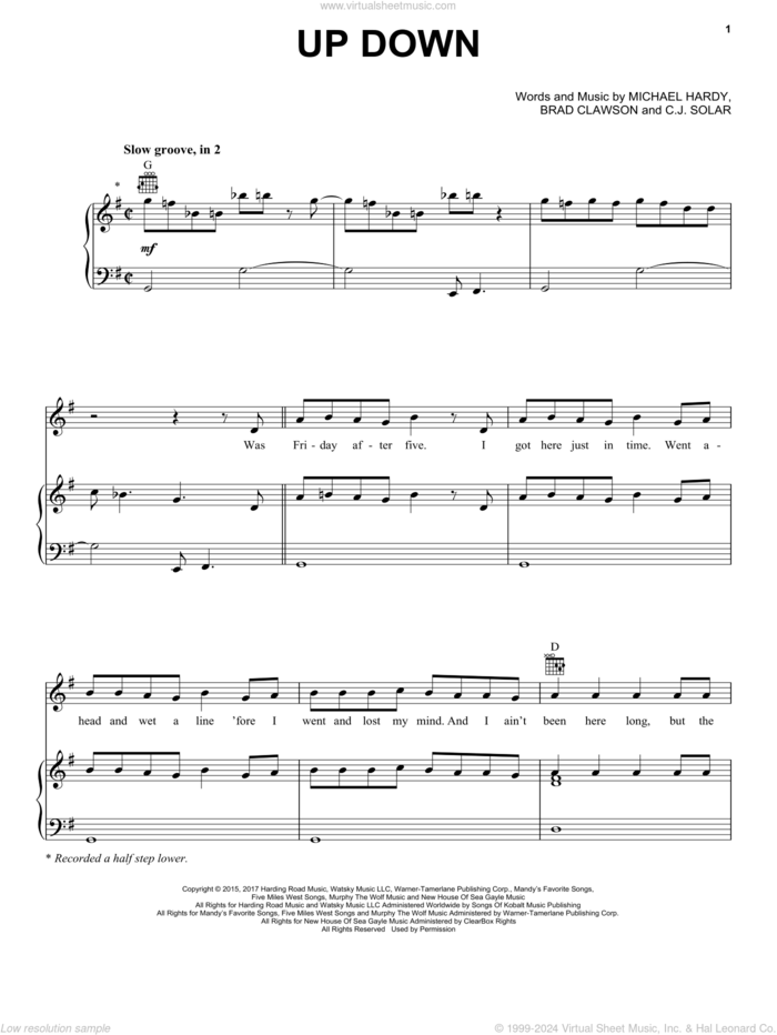 Up Down (feat. Florida Georgia Line) sheet music for voice, piano or guitar by Morgan Wallen feat. Florida Georgia Line, Florida Georgia Line, Morgan Wallen, Brad Clawson, CJ Solar and Michael Hardy, intermediate skill level