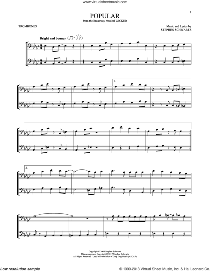 Popular (from Wicked) sheet music for two trombones (duet, duets) by Stephen Schwartz, intermediate skill level