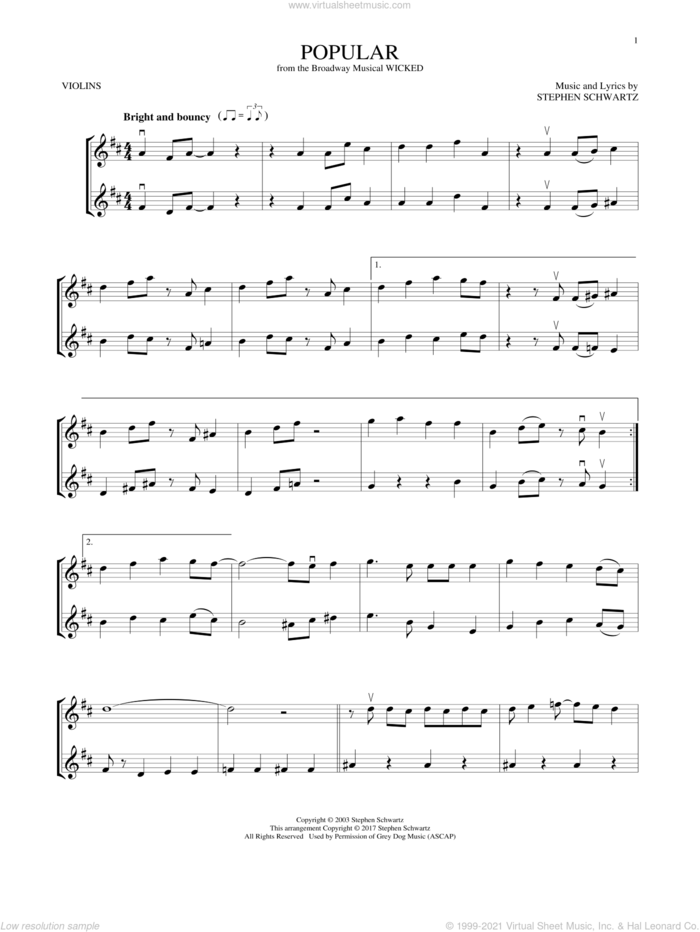 Popular (from Wicked) sheet music for two violins (duets, violin duets) by Stephen Schwartz, intermediate skill level