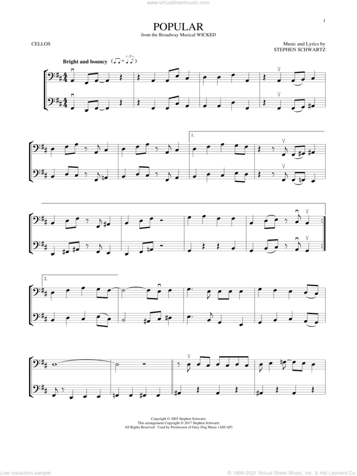 Popular (from Wicked) sheet music for two cellos (duet, duets) by Stephen Schwartz, intermediate skill level