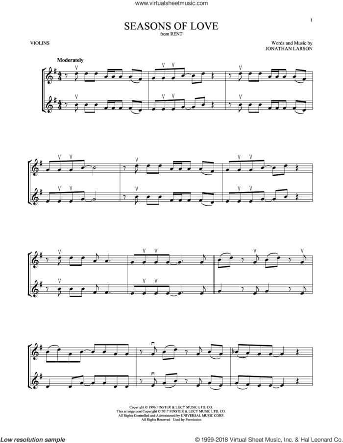 Seasons Of Love (from Rent) sheet music for two violins (duets, violin duets) by Jonathan Larson and Cast of Rent, intermediate skill level