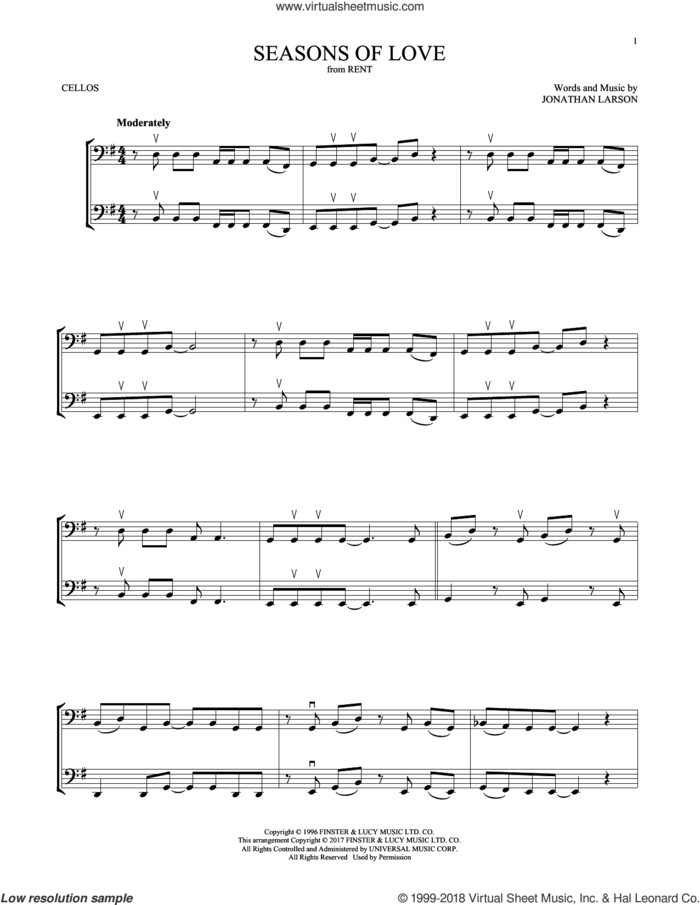 Seasons Of Love (from Rent) sheet music for two cellos (duet, duets) by Jonathan Larson and Cast of Rent, intermediate skill level