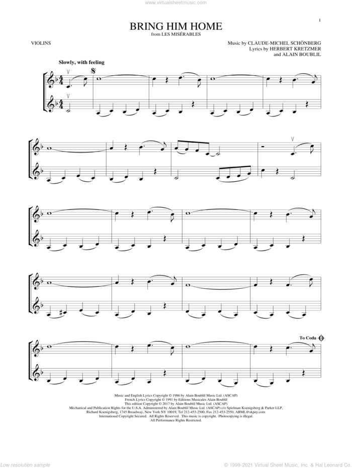 Bring Him Home sheet music for two violins (duets, violin duets) by Alain Boublil, Claude-Michel Schonberg, Claude-Michel Schonberg and Herbert Kretzmer, intermediate skill level