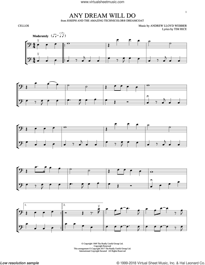 Any Dream Will Do sheet music for two cellos (duet, duets) by Andrew Lloyd Webber and Tim Rice, intermediate skill level