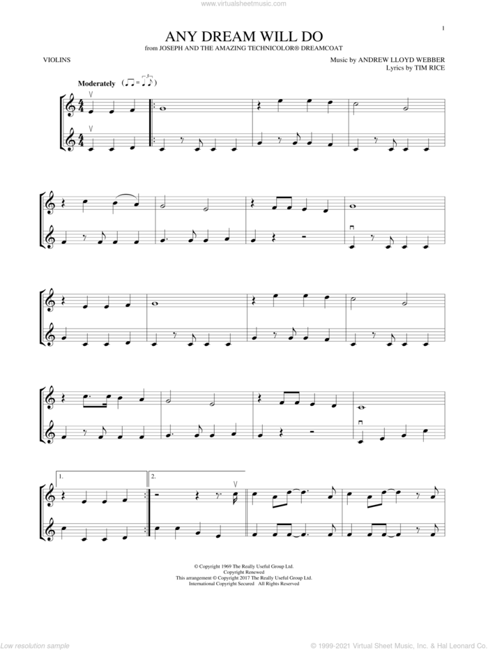 Any Dream Will Do sheet music for two violins (duets, violin duets) by Andrew Lloyd Webber and Tim Rice, intermediate skill level