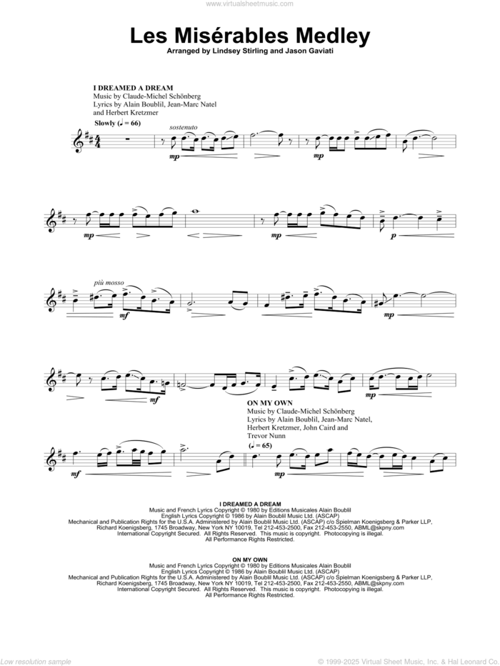 Les Miserables Medley sheet music for violin solo by Alain Boublil, Lindsey Stirling, Jason Gaviati, Claude-Michel Schonberg, Claude-Michel Schonberg and Herbert Kretzmer, intermediate skill level