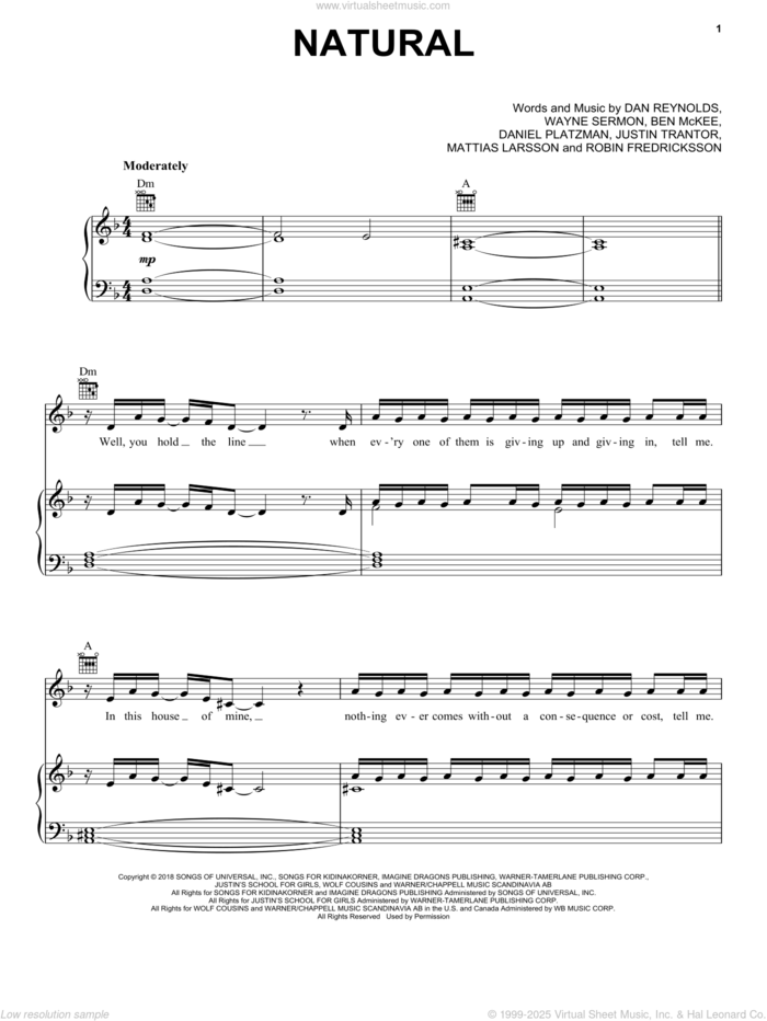 Natural sheet music for voice, piano or guitar by Imagine Dragons, Ben McKee, Dan Reynolds, Daniel Platzman, Justin Tranter, Mattias Larsson, Robin Fredriksson and Wayne Sermon, intermediate skill level