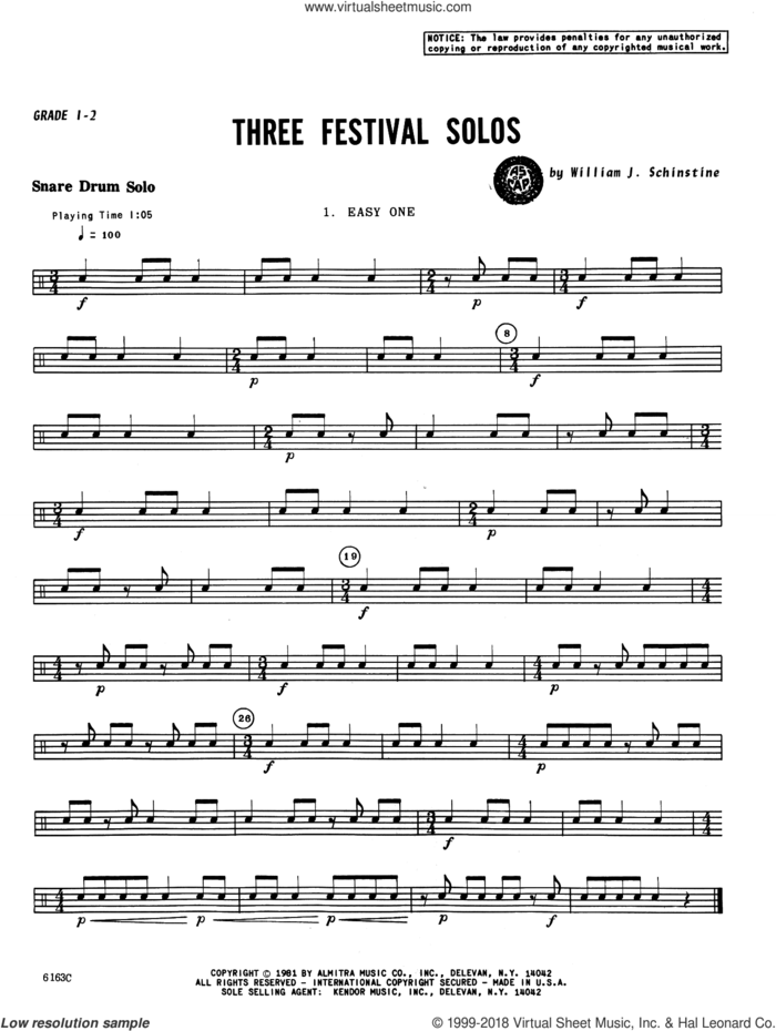Three Festival Solos sheet music for percussions by William Schinstine, intermediate skill level
