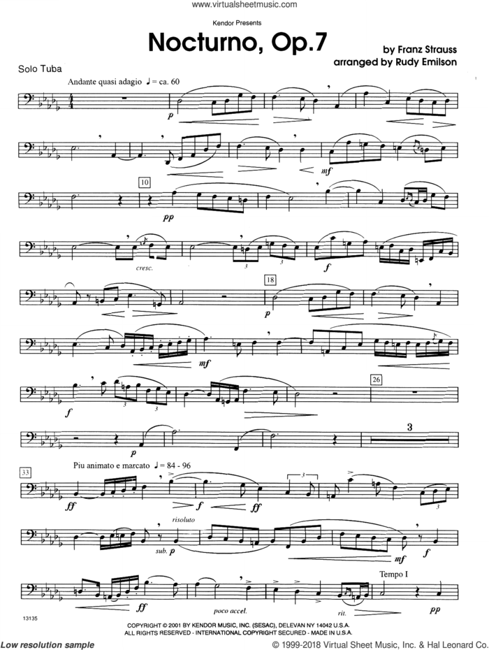 Nocturno, Op. 7 (complete set of parts) sheet music for tuba and piano by Johann Strauss, Jr. and Rudy Emilson, classical score, intermediate skill level