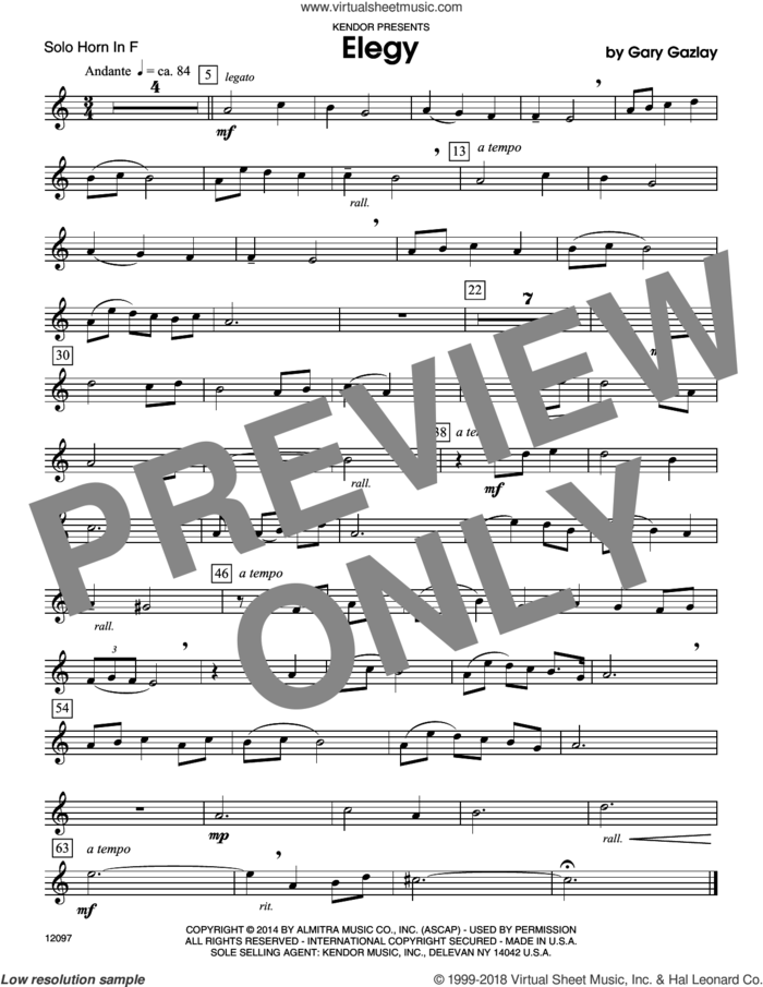 Elegy (complete set of parts) sheet music for horn and piano by Gary Gazlay, intermediate skill level