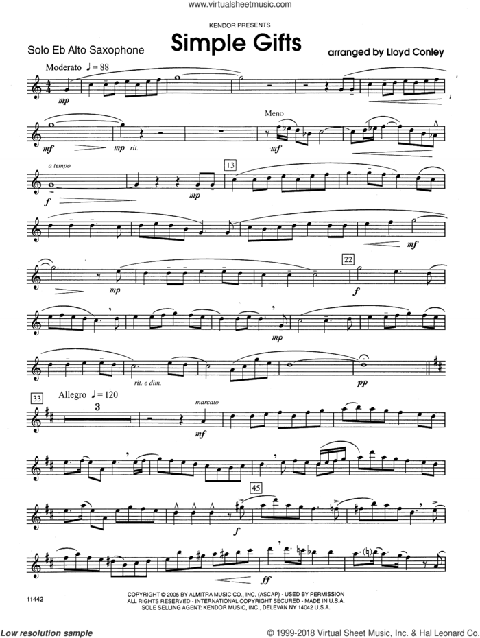 Simple Gifts (complete set of parts) sheet music for alto saxophone and piano by Lloyd Conley and Miscellaneous, intermediate skill level
