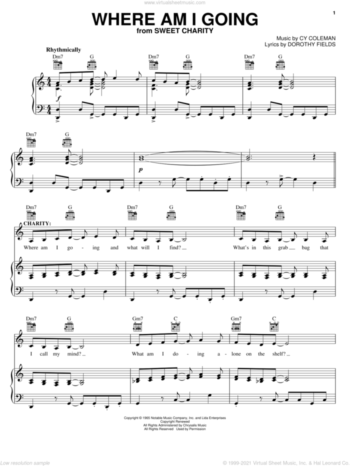 Where Am I Going sheet music for voice, piano or guitar by Cy Coleman, Sweet Charity (Musical) and Dorothy Fields, intermediate skill level