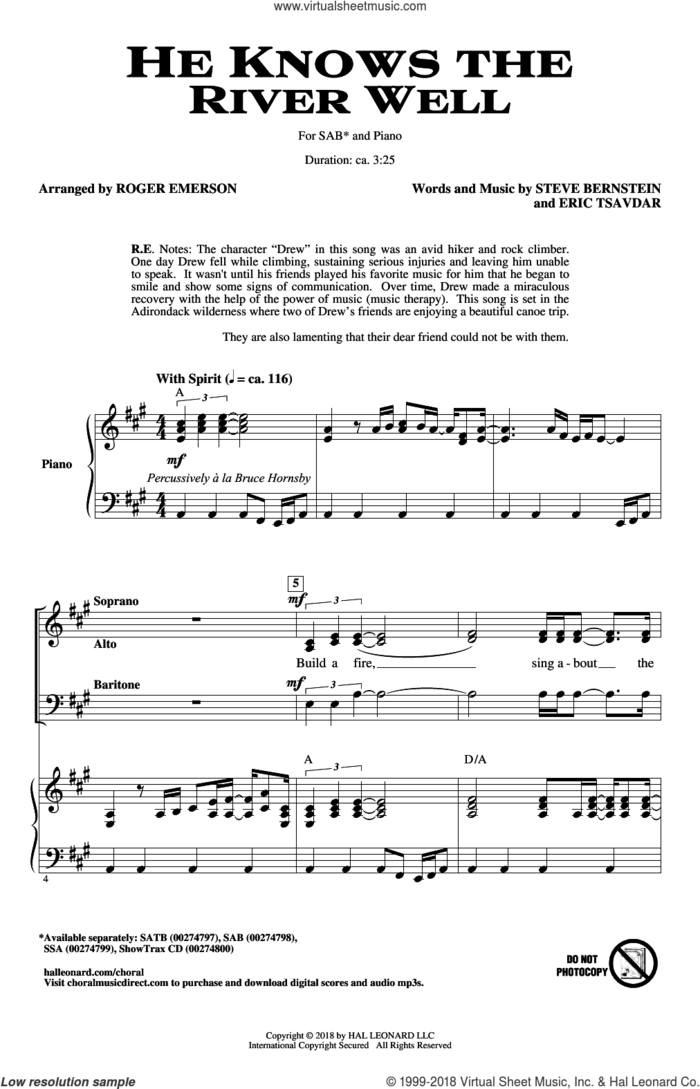 He Knows The River Well sheet music for choir (SAB: soprano, alto, bass) by Eric Tsavdar, Roger Emerson and Steve Bernstein, intermediate skill level