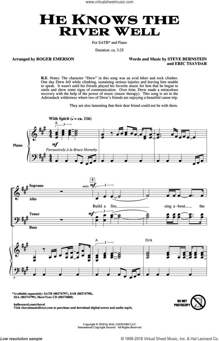 He Knows The River Well sheet music for choir (SATB: soprano, alto, tenor, bass) by Eric Tsavdar, Roger Emerson and Steve Bernstein, intermediate skill level
