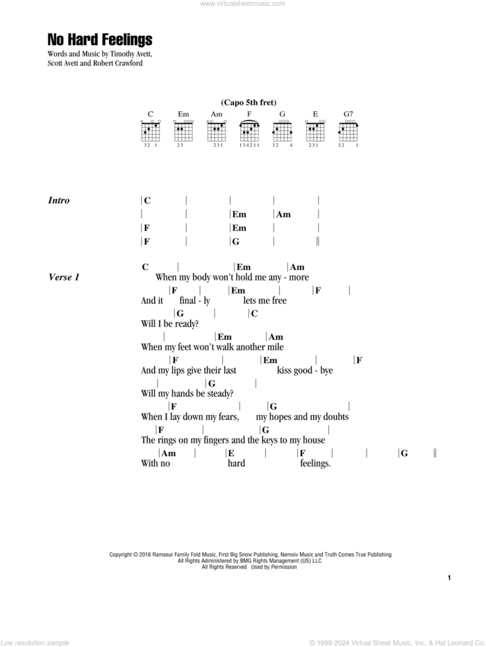 No Hard Feelings sheet music for guitar (chords) by The Avett Brothers, Robert Crawford, Scott Avett and Timothy Avett, intermediate skill level