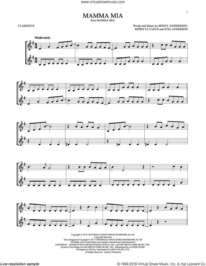 Mamma Mia sheet music for two clarinets (duets) by ABBA, Benny Andersson, Bjorn Ulvaeus and Stig Anderson, intermediate skill level